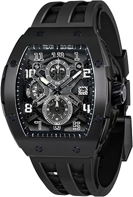 TSAR BOMBA Mens Watches Quartz Wristwatch for Men Waterproof 50M Analog Luxury Tonneau Chronograph Calendar Date Mens Dress Business Work Watch Gift for Men