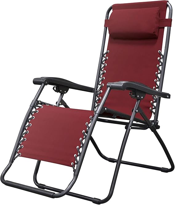 Caravan Sports Zero Gravity Outdoor Portable Folding Camping Lawn Deck Patio Pool Recliner Lounge Chair for Adults, Adjustable Headrest, Burgundy | Textilene Fabric on Double Bungee, Powder Coated Steel Frame, Dual Finger-Tip Lock, Adjustable Headrest, Folds to 6.3 In