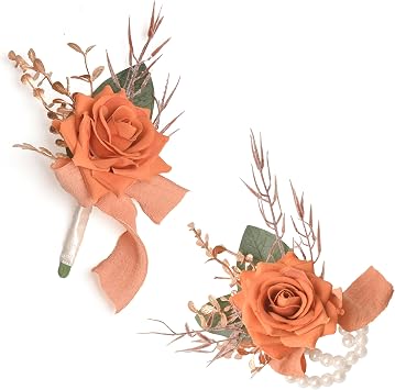Burnt Orange Rose Wrist Corsage Wristlet Band Bracelet and Men Boutonniere Set for Wedding, Artificial Flower Wrist Corsage Bracelets for Fall Wedding Homecoming Prom Suit Decorations