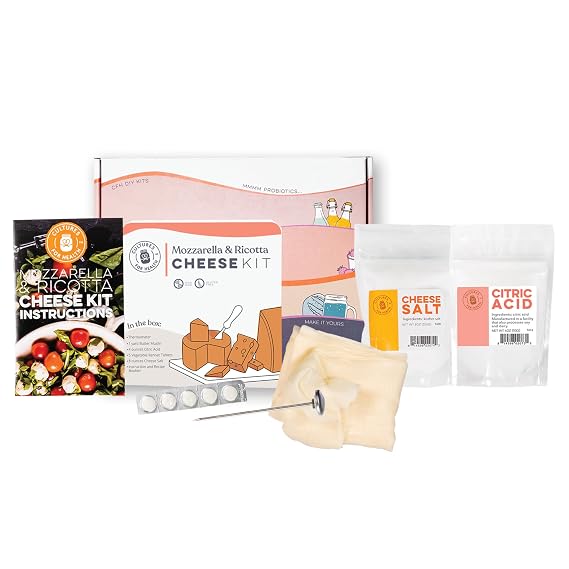 Mozzarella & Ricotta Cheese Making Kit | 5 Piece DIY Kit Includes Cheesecloth, Vegetable Rennet, Citric Acid, Cheese Salt, Cooking Thermometer | Great Gift Ideas | Italian Cheese Making Supplies