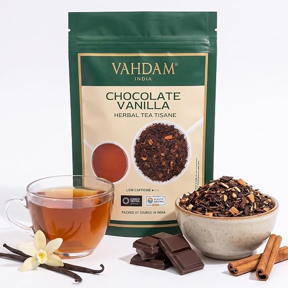 VAHDAM Chocolate Vanilla Herbal Tea (3.5 oz, 50+ Cups) | Rooibos, Chocolate, Vanilla | Loose-Leaf, Vacuum Sealed for Freshness