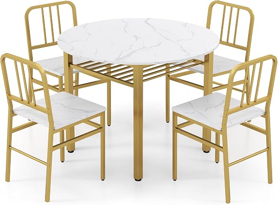 COSTWAY 5 Piece Dining Table Set, Round Kitchen Table and 4 Chairs with Storage Rack, Space-saving Metal Frame Counter Dinette Furniture for Dining Room, Breakfast Nook, Apartment (White + Gold)