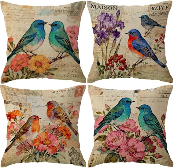 Rustic Birds Throw Pillowcases 4Pack Nature Botanical Theme with Floral Decorative Cushion Cover Farmhouse Shabby Chic Pillow Covers for Sofa Couch Porch 18 x 18 Inches(Blue-green)