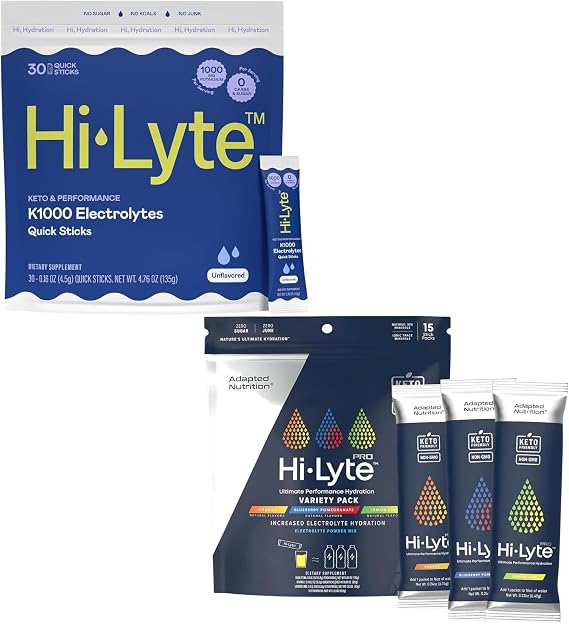 Hi-Lyte Hydration Bundle - Keto K1000 Unflavored Electrolyte Packets (30 Servings) Pro Variety Pack Electrolyte Stick Packs (15 Servings)
