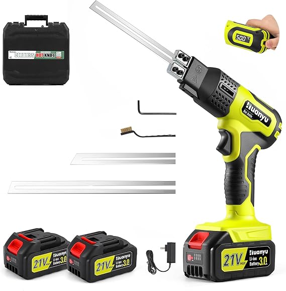 Huanyu Cordless Hot Knife with Temperature Display 100W Max 500C 3.0Ah Battery Powered Air Cooling Cutting Tool 2 Blades 4"+6" Set Electric Hot Knife for Styrofoam, Rope, Fabric, Acrylic