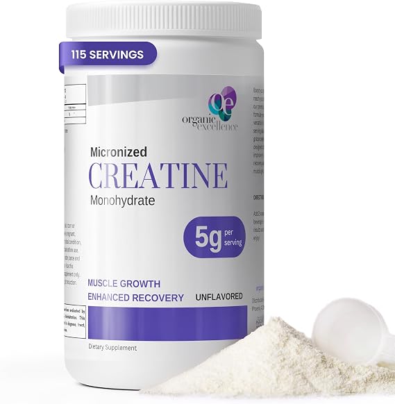Organic Excellence Micronized Creatine Monohydrate Powder, 115 Servings | For Energy, Strength & Endurance, Support Muscle Performance, Focus, for Men & Women, Unflavored, 5g per Serving, Made in USA