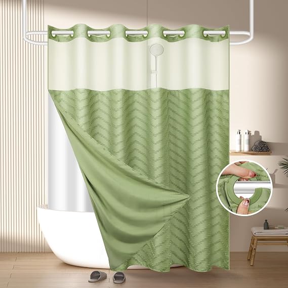 FADOTY Green No Hook Shower Curtain Set with Snap in Liner, 71'' x 74''