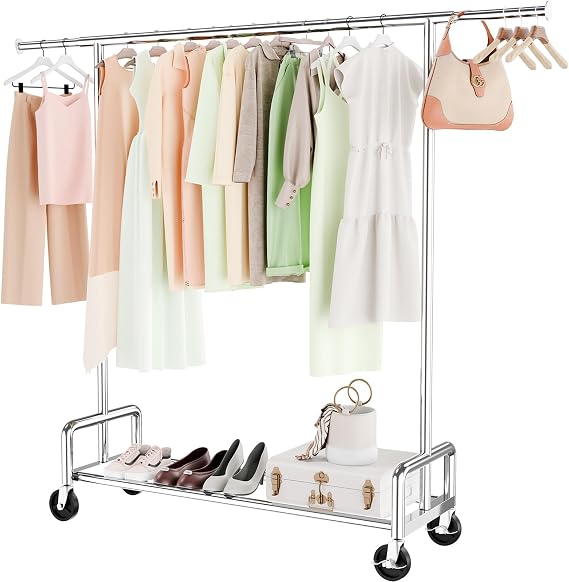 Simple Trending Rolling Clothes Rack, Heavy Duty Garment Rack, Chrome