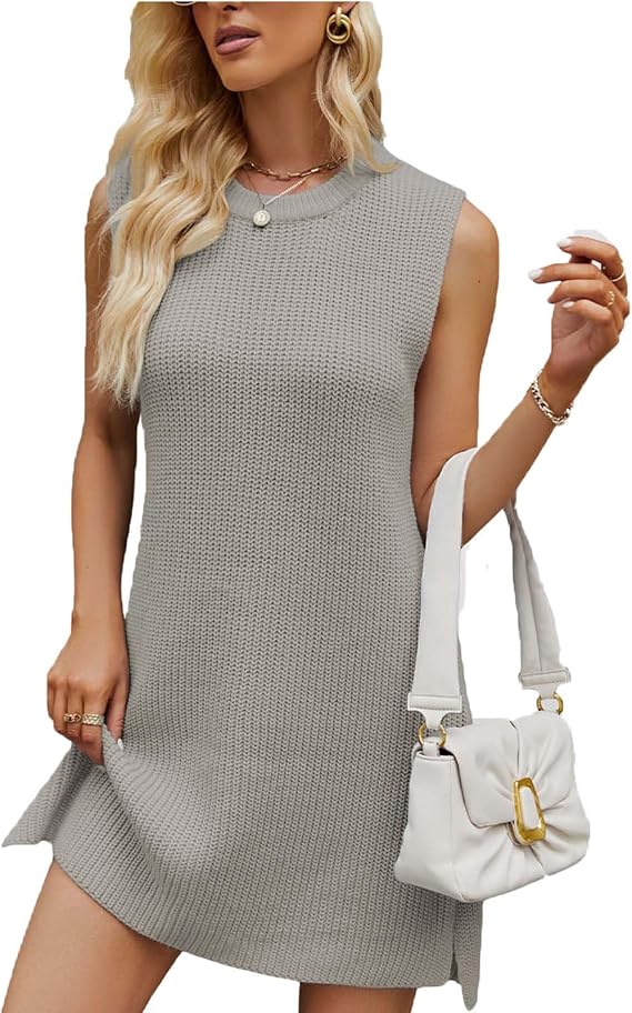 Nuofengkudu Women's Sleeveless Knit Sweater Dress Crewneck Casual A-Line Mini Dress with Waist Tie Belt