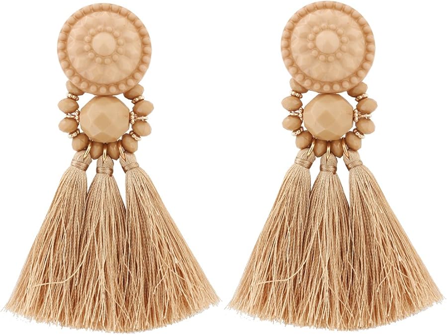 boderier Bohemian Statement Thread Tassel Chandelier Drop Dangle Earrings with Cassandra Button Stud