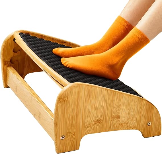 HUANUO Bamboo Under Desk Footrest with 4 Heights and Massage Texture | Adjustable angles, non-slip pads, triangular bamboo frame, ergonomic foot rest for home office, water-resistant surface