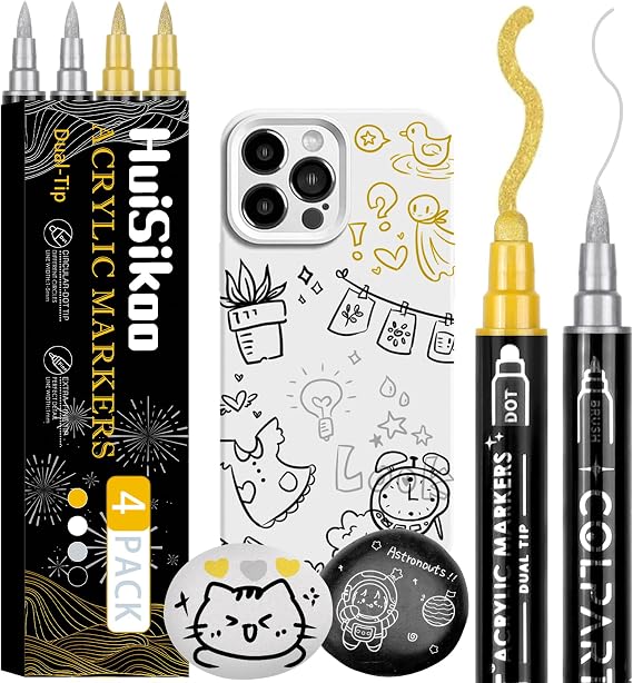 Paint Marker, 4 Pack Dual Tip Acrylic Paint Pens with Medium Tip and Brush Tip, Ideal for Wood, Rock Painting, Canvas, Stone, Glass, Ceramic and DIY Crafts (Gold/Sliver)