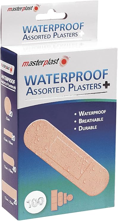 Masterplast Waterproof Assorted Plasters 100 Pack | Mixed First Aid Dressings, Breathable, Flexible, Durable - Perfect for The Shower or Swimming