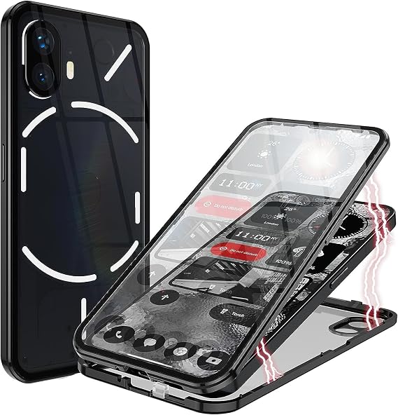 QUIETIP Case Compatible with Nothing Phone 2 5G,Magnetic Body Metal Frame Double Sided Clear Tempered Glass Shockproof with Camera Protection Cover Thin,Black