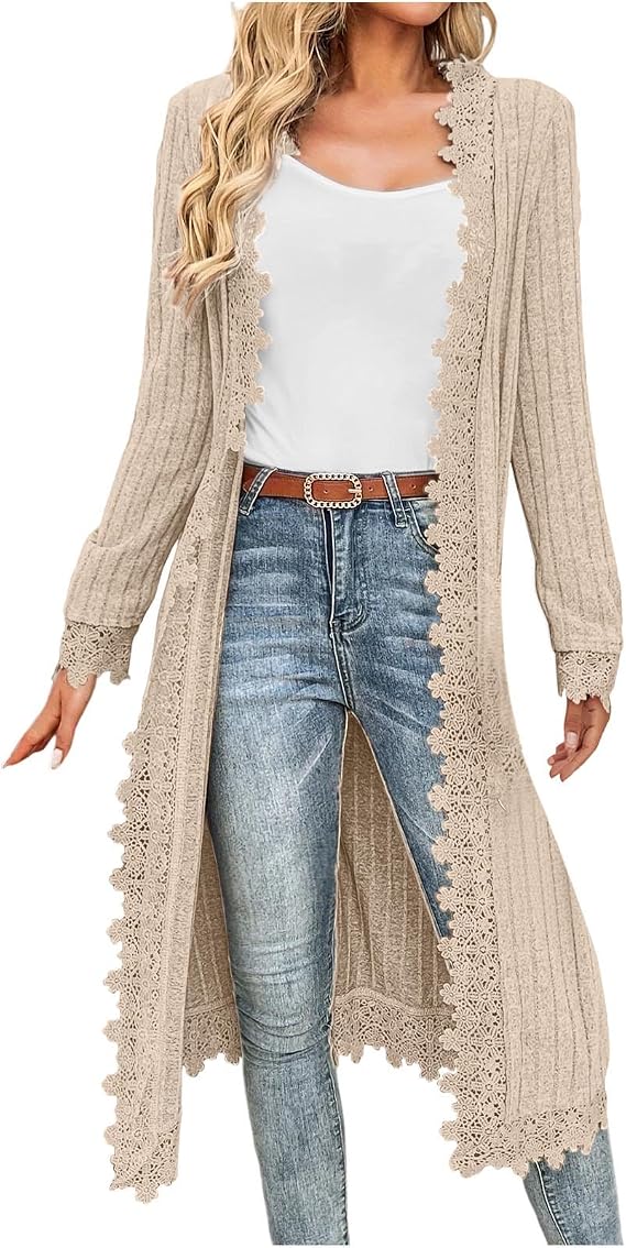 Long Cardigan Sweaters for Women Lightweight Knit Cardigan with Lace Trim Ribbed Open Front Cardigans Long Sweaters