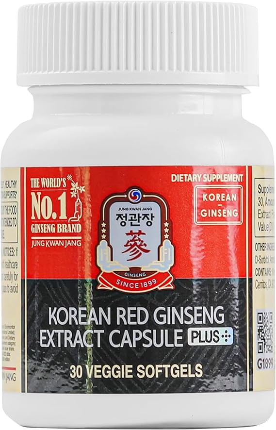 JUNG KWAN JANG Korean Red Ginseng Extract Capsule Plus -30 Veggie Softgels | Ginsenoside-Rich, Mild Flavor, Natural Energy Supplement Pills, Circulation, Immune Support, Vegan, Caffeine-Free, Non-GMO