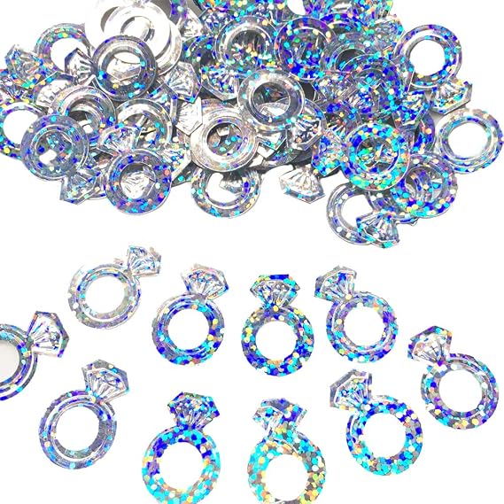 Wedding Decorations Diamond Ring Foil Table Confetti for Engagement Vanlentines Day Bachelorette Bridal Shower Party Favors (Iridescent Silver,1.5 oz/Bag,700-800 Piece/Bag)