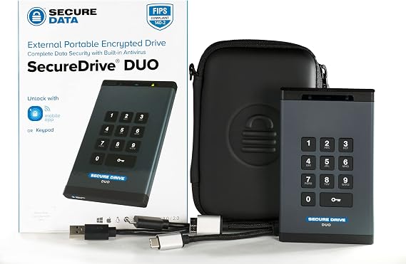 SecureData SecureDrive Duo 5TB Hardware Encrypted USB 3.0 Ext Drive FIPS 140-2 Level 3 Unlock via KeyPad or Phone app TAA Compliant, CJIS, HIPAA, CMMC, GDPR Compliant, Works with Mac and Win Free AV