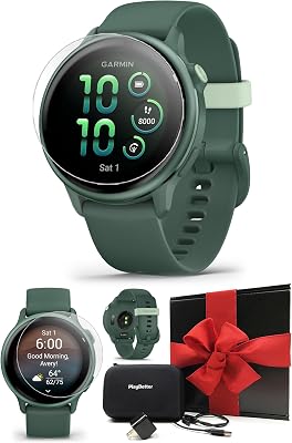 PlayBetter Garmin vivoactive 6 Metallic Jasper Green Gift Box Bundle - AMOLED Health Watch, 11-Day Battery, Body Battery & Music Screen Protectors, Wall Adapter & Hard Case
