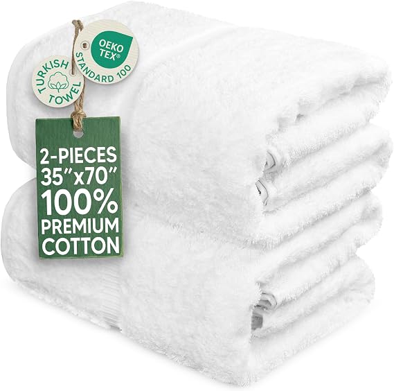 Towel Bazaar 100% Turkish Cotton Bath Sheets, 700 GSM, 35 x 70 Inch, Eco-Friendly (2 Pack, White)