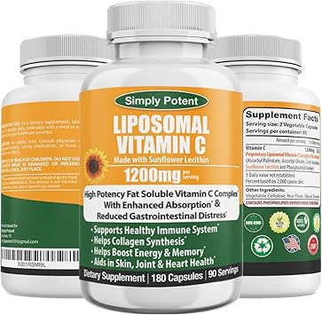 Simply Potent Liposomal Vitamin C 1200mg 180 Capsules (90 Servings) | High Absorption Fat Soluble VIT C | Sunflower Lecithin | Immune Support, Collagen & Antioxidant | Non-GMO, Vegan | Made in USA