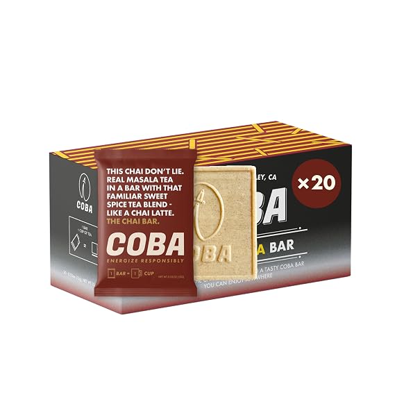 COBA Caffeinated Coffee Chocolate [1 Bar = 1 Cup of Chai] - Energy Boost, Portable, All Natural Caffeine for Gym, Travel, Daily Use - Gluten Free, Non GMO (20 Pack, Chai)