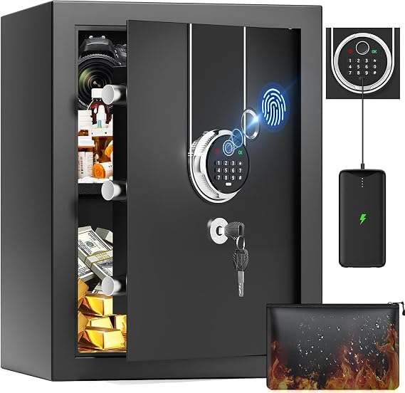 48L Biometric Safe Box with Fireproof Cash Bag | Large Safe for Home Office