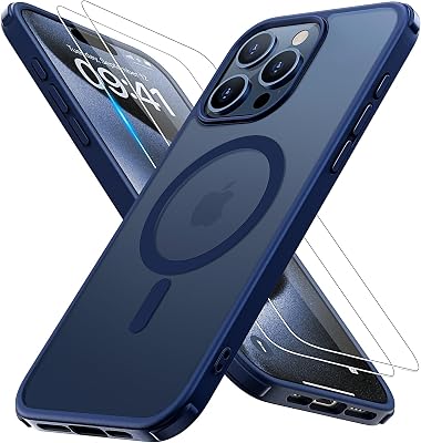 Magnetic for iPhone 15 Pro Max Case [Compatible with MagSafe] with 2X Screen Protector, Military-Grade Slim Shockproof Phone Cover Translucent Matte Anti-Fingerprint for iPhone 15 ProMax, Blue
