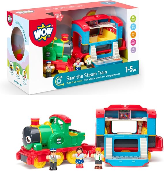 WOW Toys Sam The Steam Train Motorized Push-and-Go Train Toy with Carriages & Figures | No Batteries, Durable Preschool Toy for Toddlers Ages 15