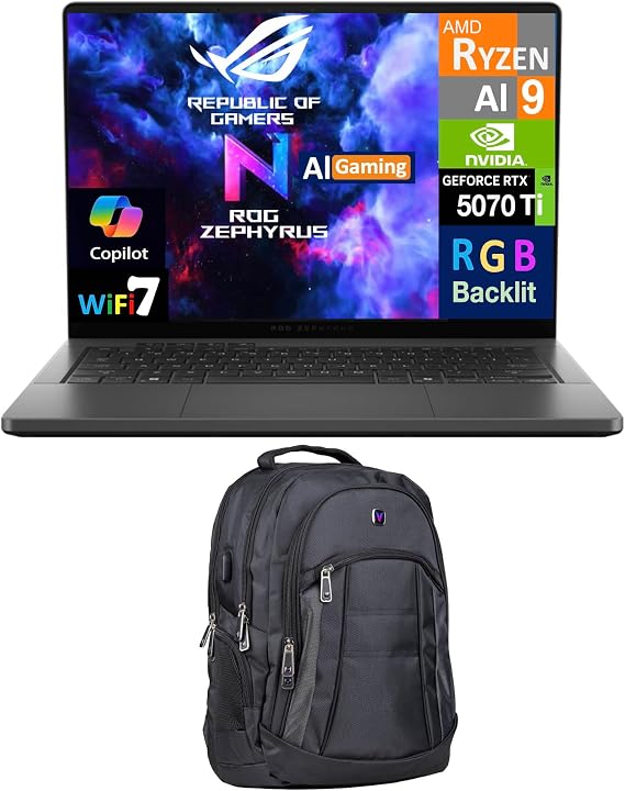 ASUS ROG Zephyrus G14 AI Gaming Laptop 14.0" 120Hz 2.8K Display (AMD Ryzen AI 9 HX 370, GeForce RTXTM 5070 Ti 12GB, 32GB LPDDR5X, 4TB PCIe SSD, RGB KB, WiFi 7, Webcam, Win 11 Pro) w/Premium Backpack