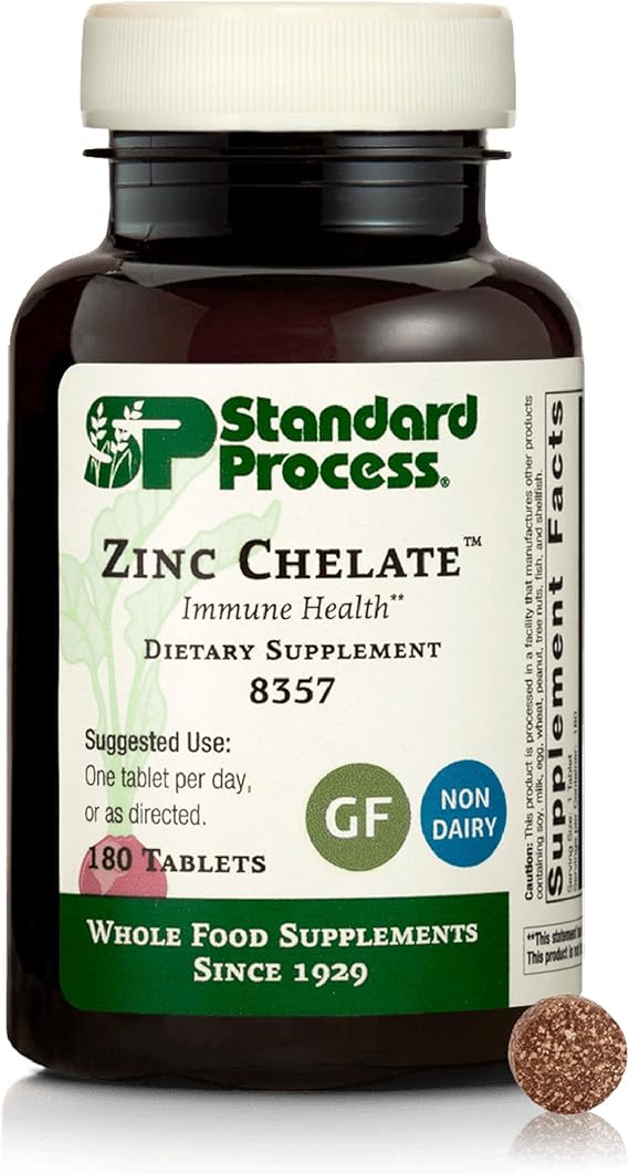 Standard Process Zinc Chelate - Offers Natural Immune Support & Aids Skin Health - Excellent Source of Zinc - Gluten-Free, Non-Dairy & Non-Soy - 180 Tablets
