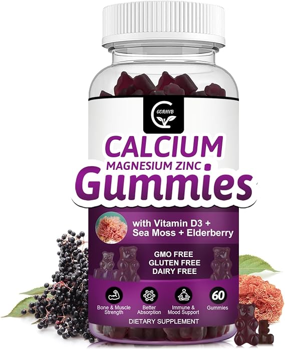 Calcium Magnesium Zinc Gummies with High Absorption Magnesium Glycinate 300mg, Potassium - Plant Complex Calcium Magnesium 2:1 Ratio, with D3 Sea Moss for Bone, Immune & Sleep Support, Vegan-1 Pack