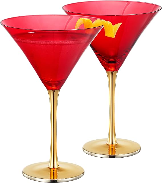 Khen Red Colored Martini Art Deco Glasses, Gold | Set of 2 | Festive, Celebration, Wedding & Holiday 8.1 oz Cocktail Glassware for Champagne, Coupe, Crystal Speakeasy Style Goblets Stems, Gift Sets