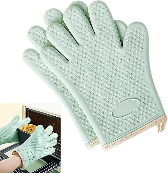 Green Silicone Oven Gloves,2 Pcs Silicone Oven Mitts Oven Glove Heat Resistant Soft Lining Oven Mits Cooking Mitt with Non-Slip Waterproof for Cooking Baking Kitchen Mittens