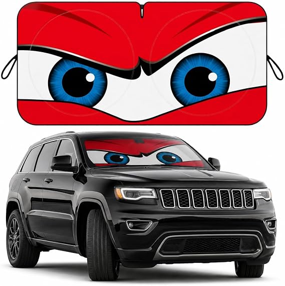 Car Windshield Sun Shade, Car Sun Shade Funny Car Eyes Sun Visor for Car Windshield, Wear-Resistant Black Tape, Foldable 63.7" L x 32" W