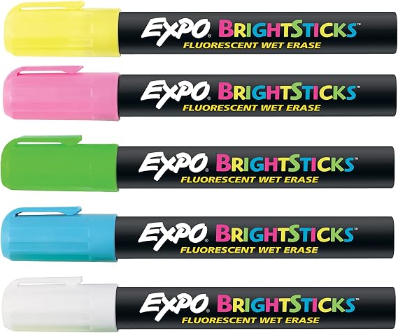 EXPO Bright Sticks, Wet Erase Fluorescent Markers, Bullet Tip, 5 Count - Whiteboard, Calendar, Organization, Teacher Supplies