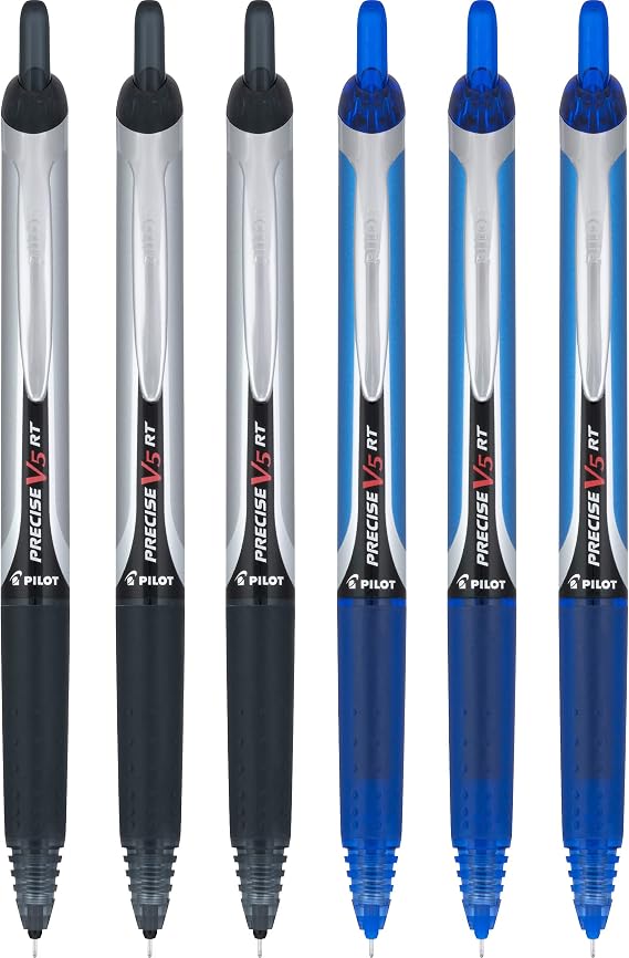 PILOT Precise V5 RT Retractable Rolling Ball Pens, Extra Fine Point, 3 Black & 3 Blue, (6 Pens)