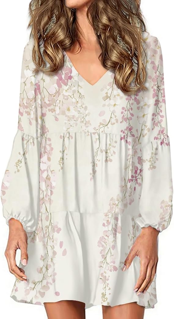 domirica Women 2025 Floral Print Puff Long Sleeve V Neck Smocked Midi Casual Dress Empire Waist Tiered Swing Flowy Dress