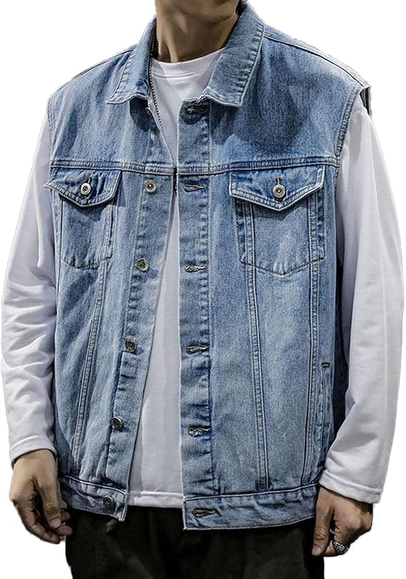Mens Cool Cowboy Loose Fit Sleeveless Denim Vest Jackets