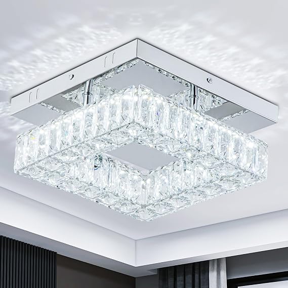 9.8" Modern Square Crystal Flush Mount Chandelier Ceiling Light Cool White [Energy Class E]