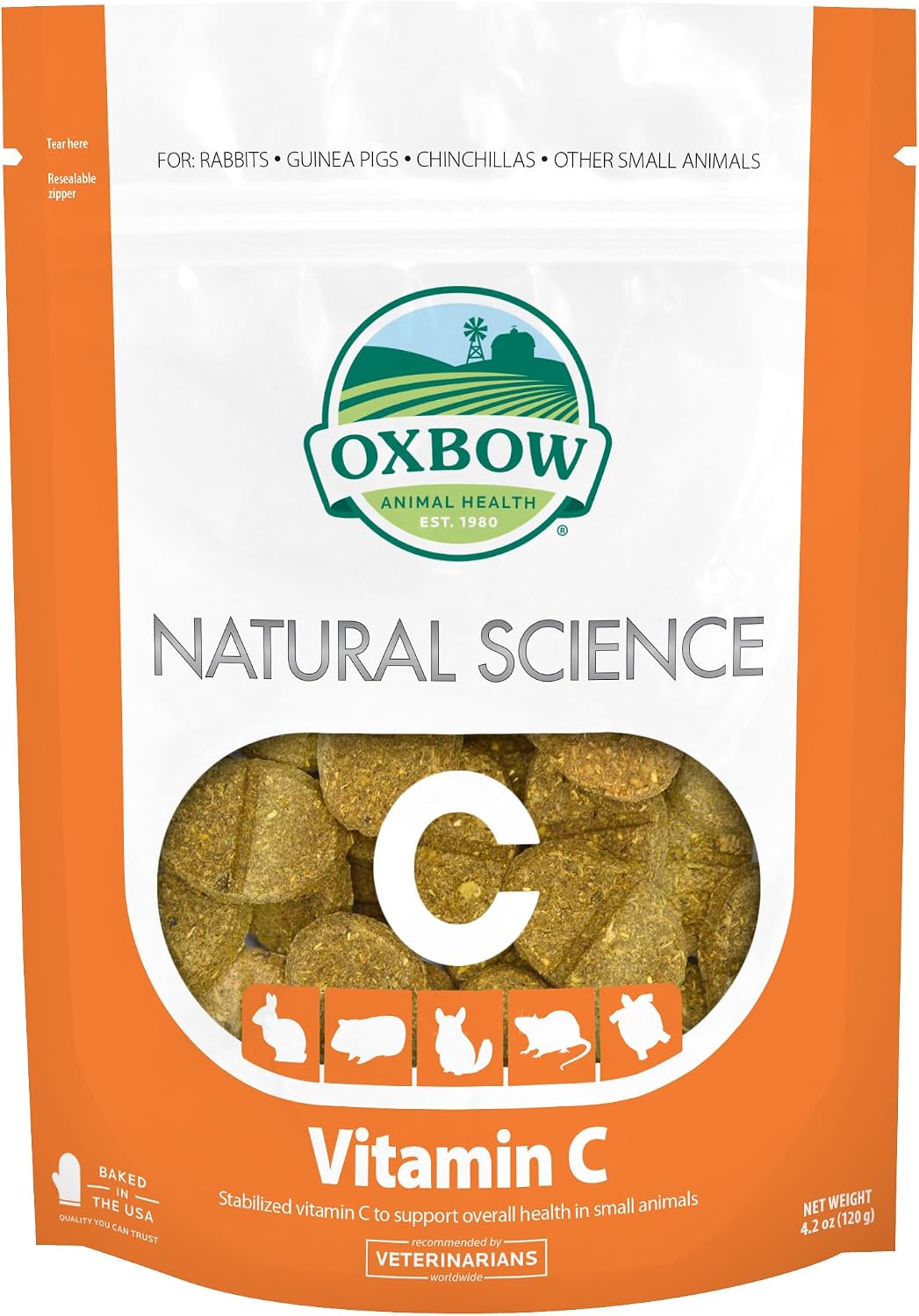 Oxbow Animal Health Natural Science Vitamin C Supplement, Vitamin C for Guinea Pig, Made with Oxbow Timothy Hay, Pet Supplements for Guinea Pigs, Veterinarian Formula, Made in USA, 4.2 oz bag