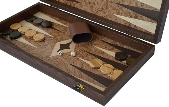 Manopoulos Walnut Burl Traditional 19" Backgammon Set - Olive Checkers