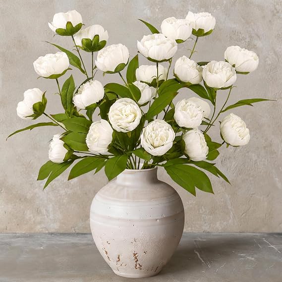 6 Bunches Faux Silk Peonies Artificial Flowers for Vase -27", Bulk Fake Peony Branches with Faux Stems, Fake Flowers and Leaves for DIY Floral Bouquet Table Decorations Centrepiece, Home Decor
