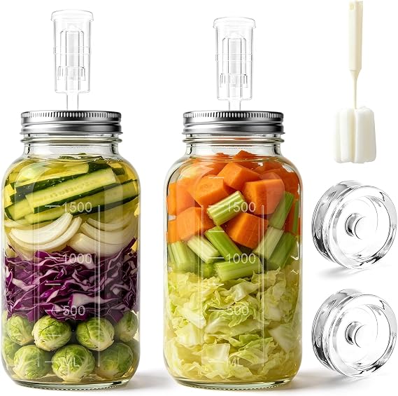 Fermenting Jar 2 Pack with Airlock - 2L for Safe Fermentation for Kefir,Kimchi, Sauerkraut, Sourdough Starter - Silicone Lids & Fermentation Weights - Fermentation Jars 2 Pack (Full Set)