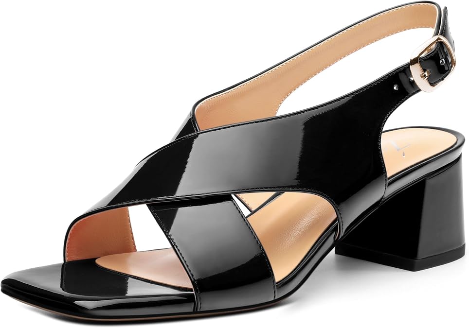 Women's Criss Cross Sandals Square Open Toe Block Chunky Low Heel Slingback Ankle Strap Adjustable with Buckle Patent Dating Fashion Dress Shoes 2 Inch