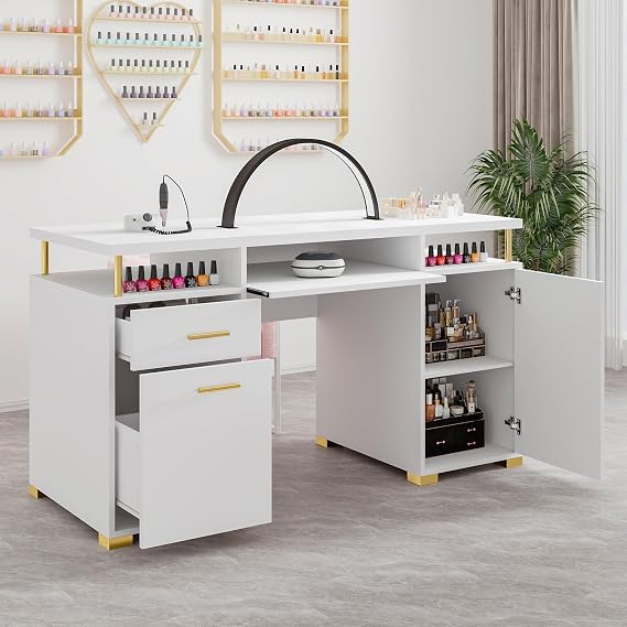MaverickFurni White Nail Desk for Nail Tech, Manicure Table with 2 Drawers and Cabinet, 55 Inch Nail Table with Adjustable Shelf, Manicure Table Nail Station, White and Gold
