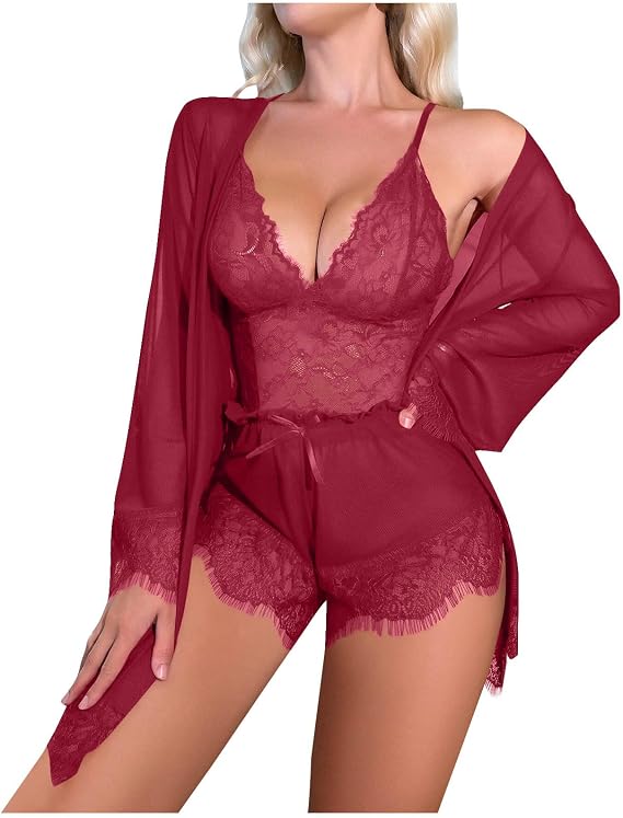Women's Sexy Pajamas Sets 3 Piece Lace Cami Top and Shorts Sets with Mesh Kimono Robe Nightgown Sleepwear