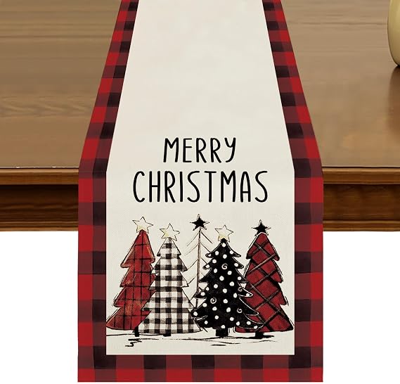 Christmas Trees Table Runner 13x72 Inch Seasonal Winter Merry Xmas Watercolor Red and Black Buffalo Plaid Kitchen Dining Table Decor for Indoor Outdoor Home Party Decoration ZQ147