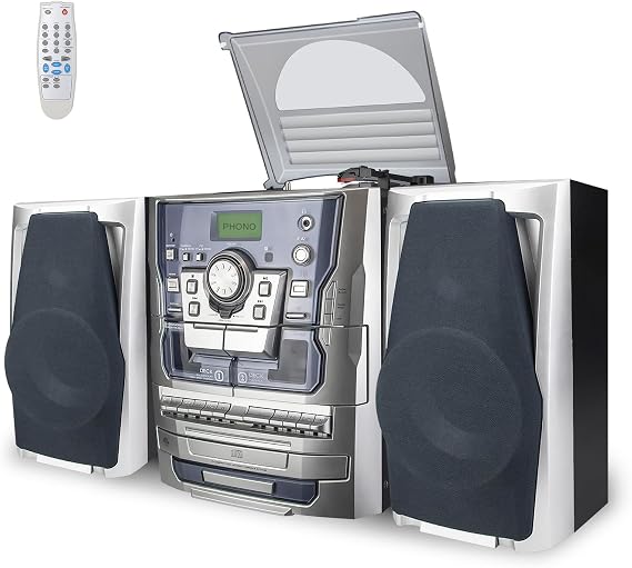 Bluetooth Vinyl Stereo Record Player, 3-Speed Stereo Turntable CD Player Music System with Dual Cassette Deck, Digital Alarm Clock FM Radio Coded CD Tape with Remote Control