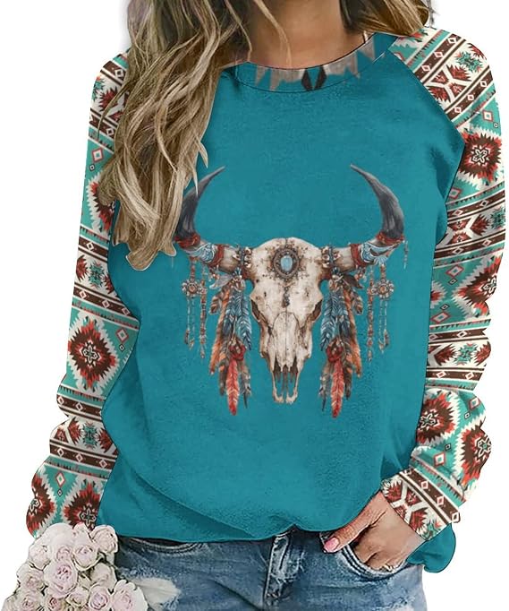 BIVENANT Womens Aztec Print Sweatshirts Country Long Sleeve Western Shirts Vintage Cowgirls Crewneck Pullover Hoodies Trendy